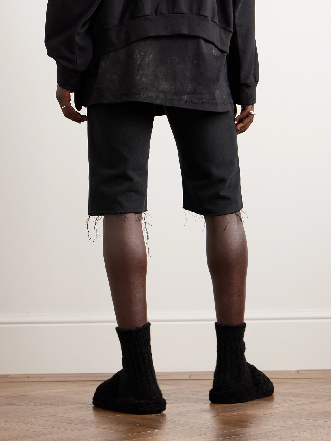Shop Balenciaga Slim-fit Straight-leg Distressed Denim Shorts In Black