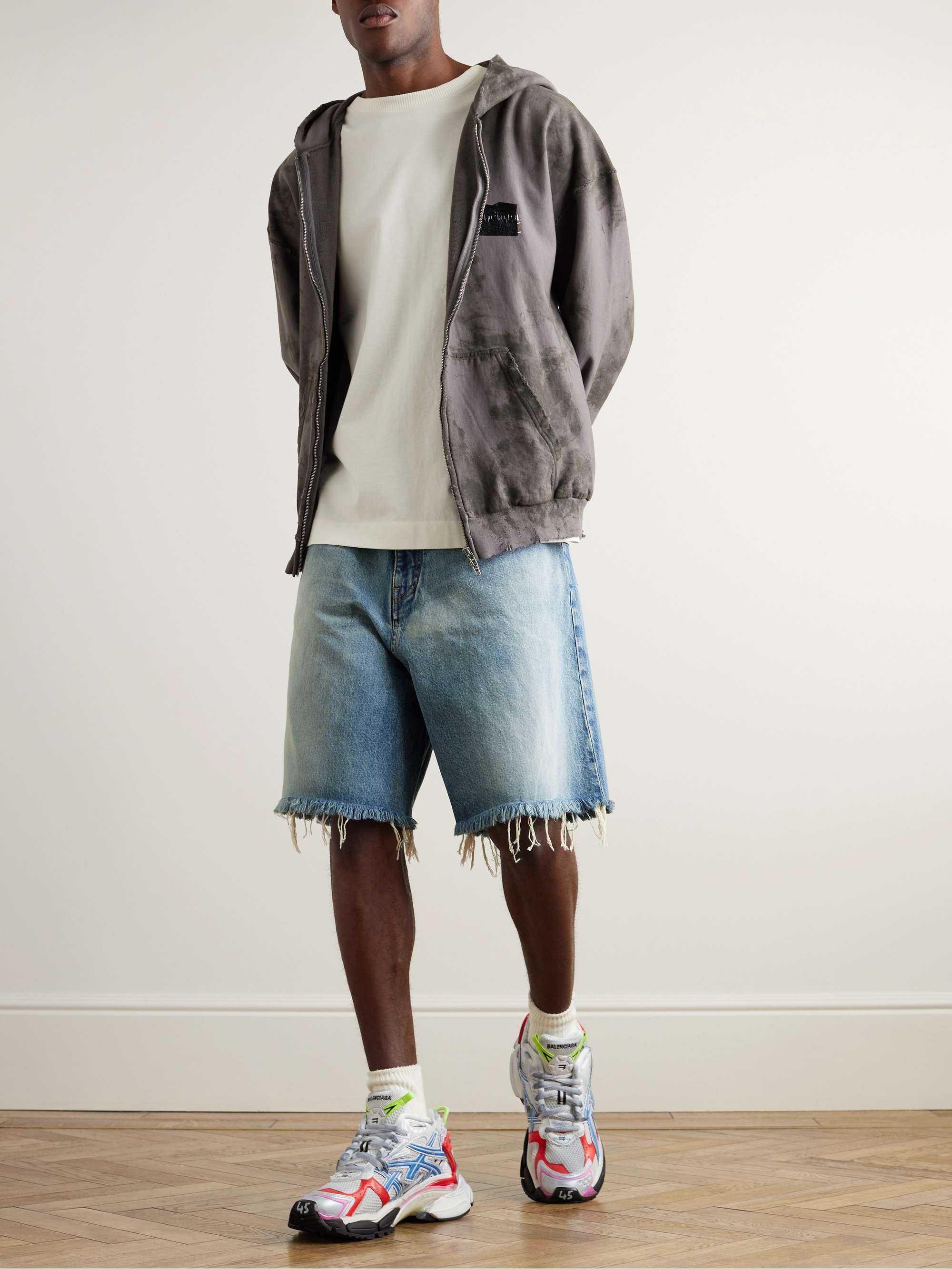 BALENCIAGA Skater Wide-Leg Distressed Denim Shorts for Men