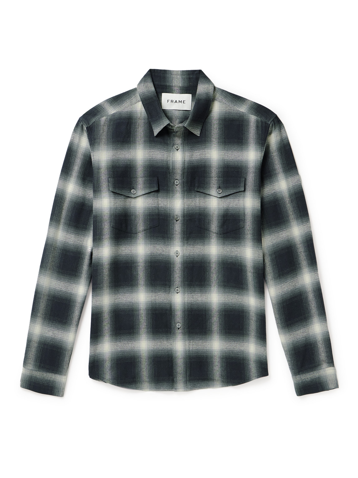 Frame Checked Brushed Cotton-flannel Shirt In Grey
