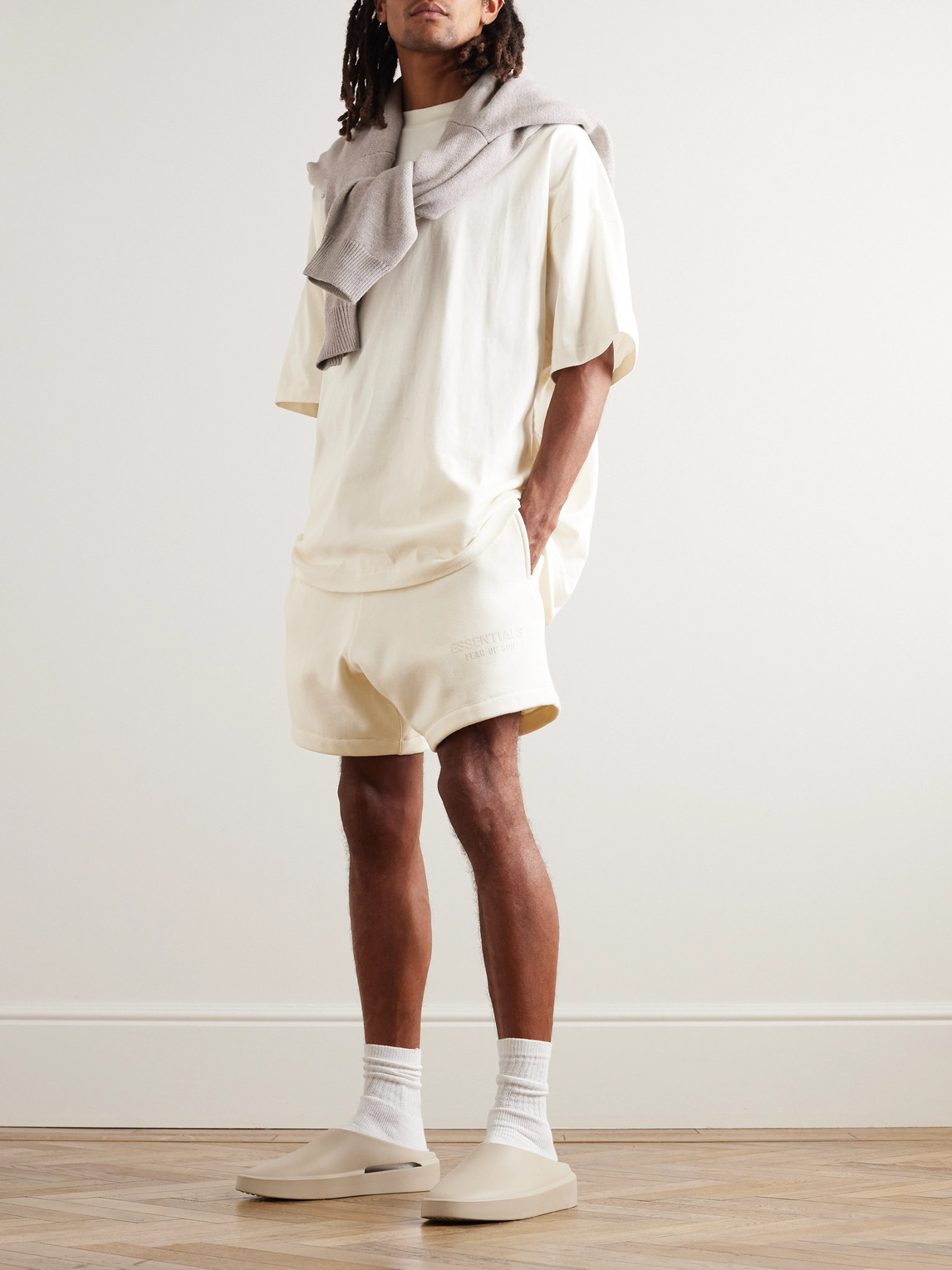 Shop Essentials Logo-appliquéd Cotton-blend Jersey Drawstring Shorts In White