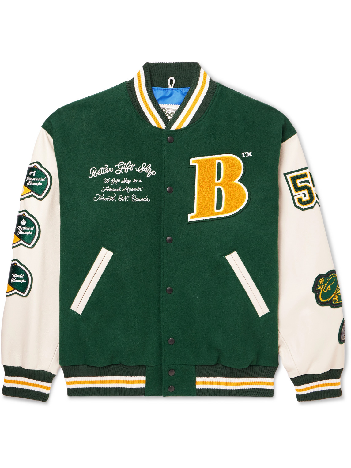 BETTER GIFT SHOP ROOTS GALLERY AND GIFT SHOP WOOL-BLEND FELT AND LEATHER VARSITY JACKET