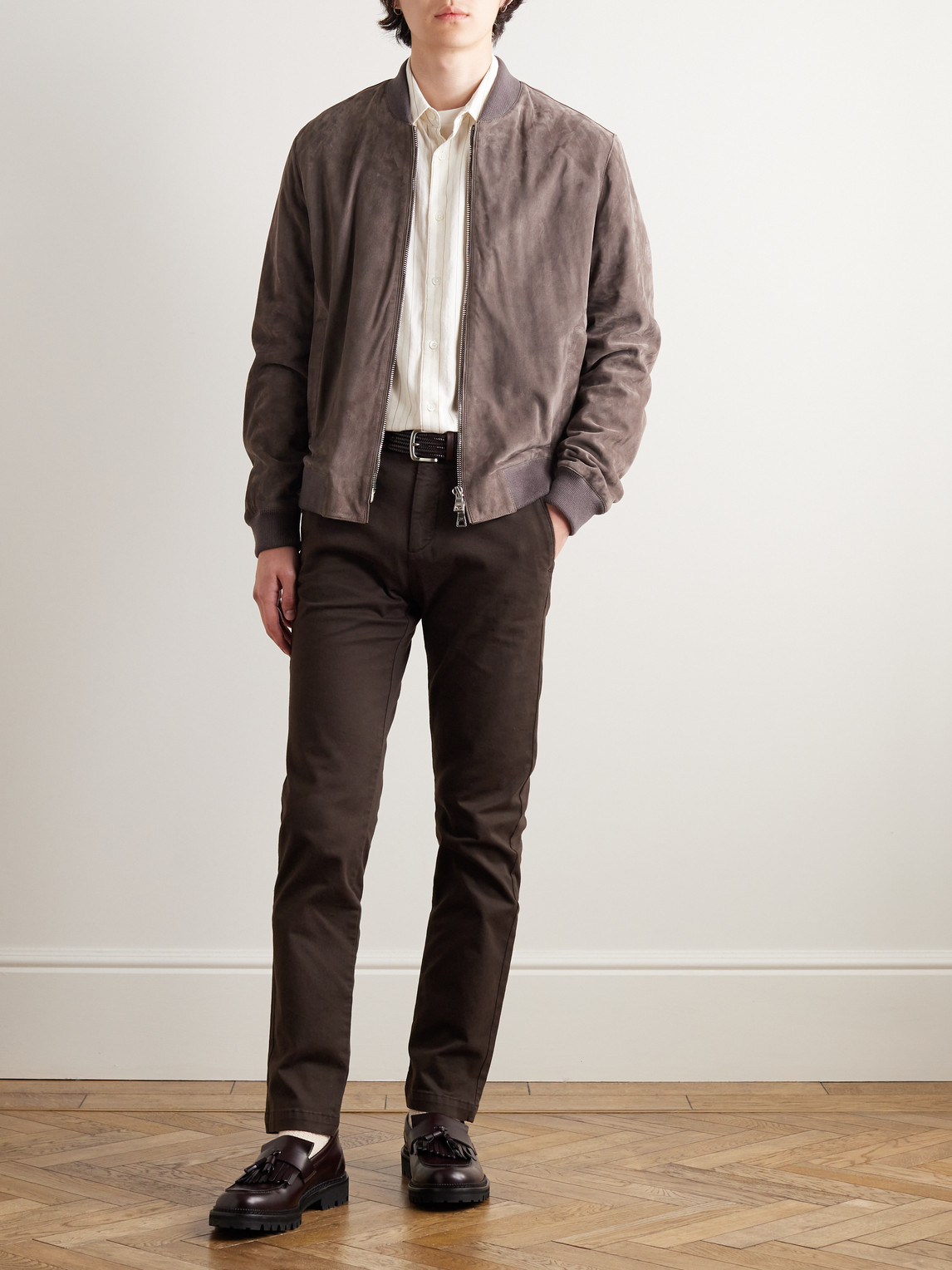 Shop Mr P Straight-leg Cotton-blend Twill Chinos In Brown