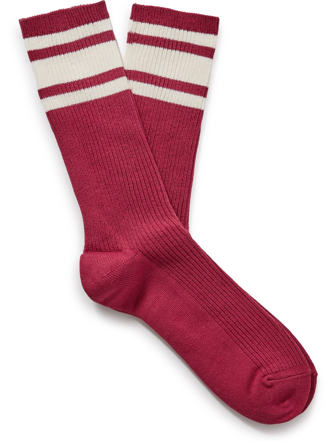 Mr P Striped Ribbed Cotton-blend Socks In Burgundy