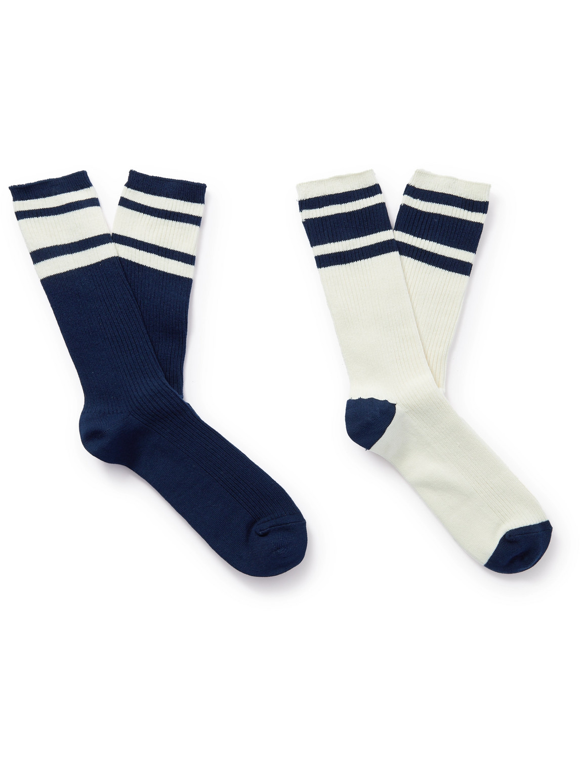 Mr P Two-pack Striped Ribbed Cotton-blend Socks In Blue