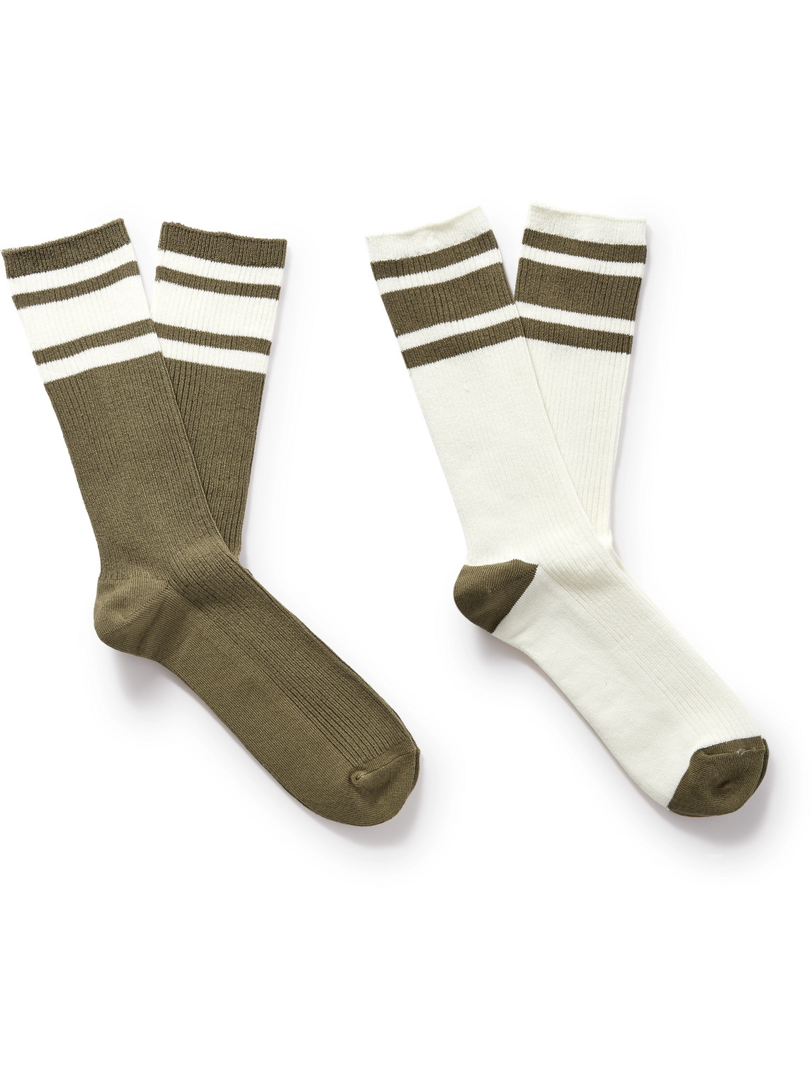 Mr P Two-pack Striped Ribbed Cotton-blend Socks In Green