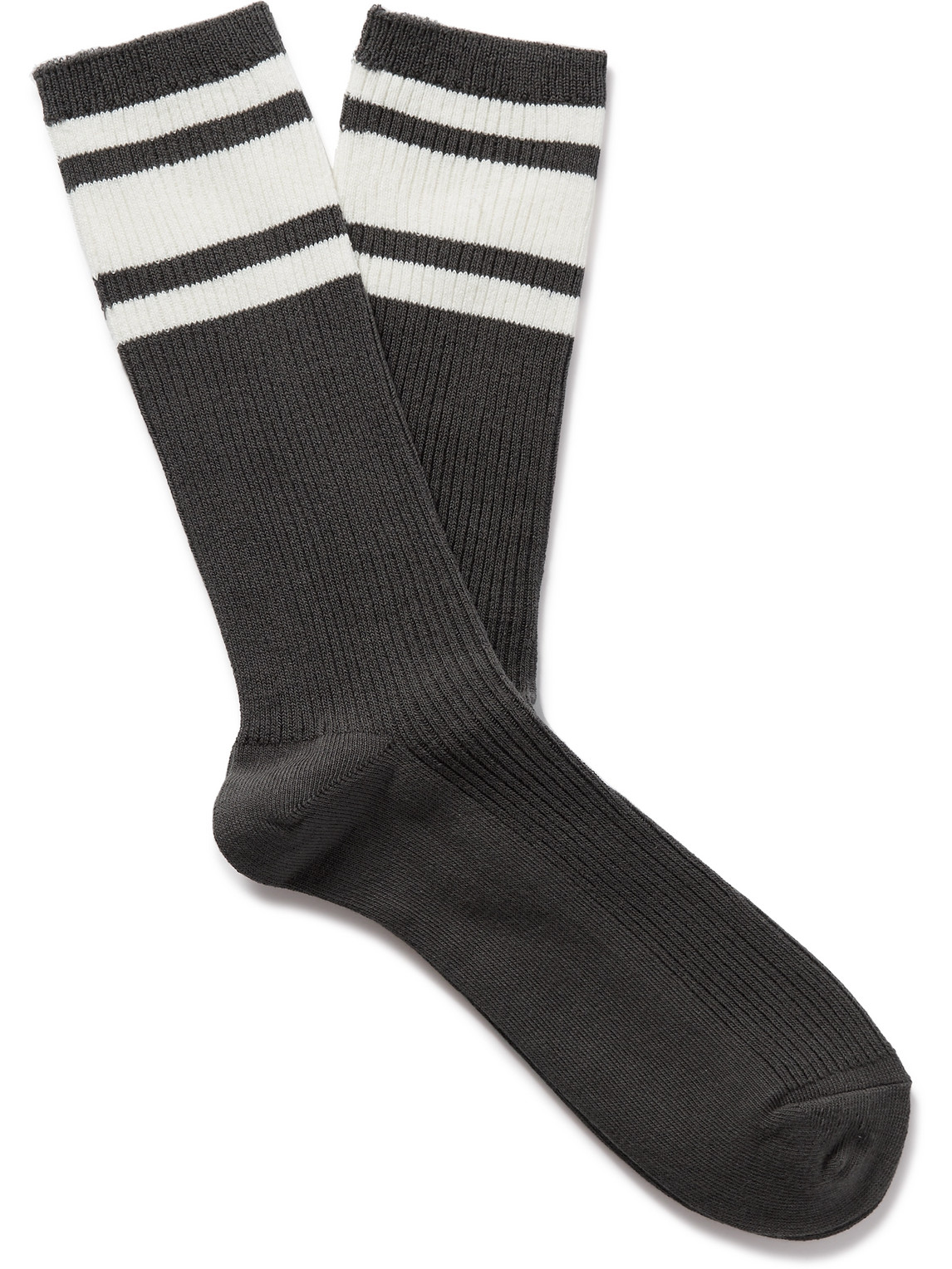 Mr P Striped Ribbed Cotton-blend Socks In Gray