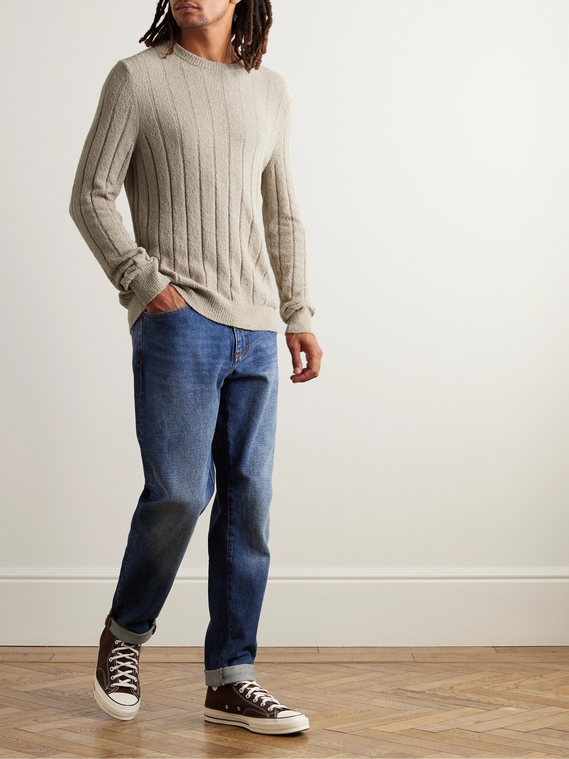 Shop Club Monaco Ribbed Cotton-blend Bouclé Sweater In Neutrals