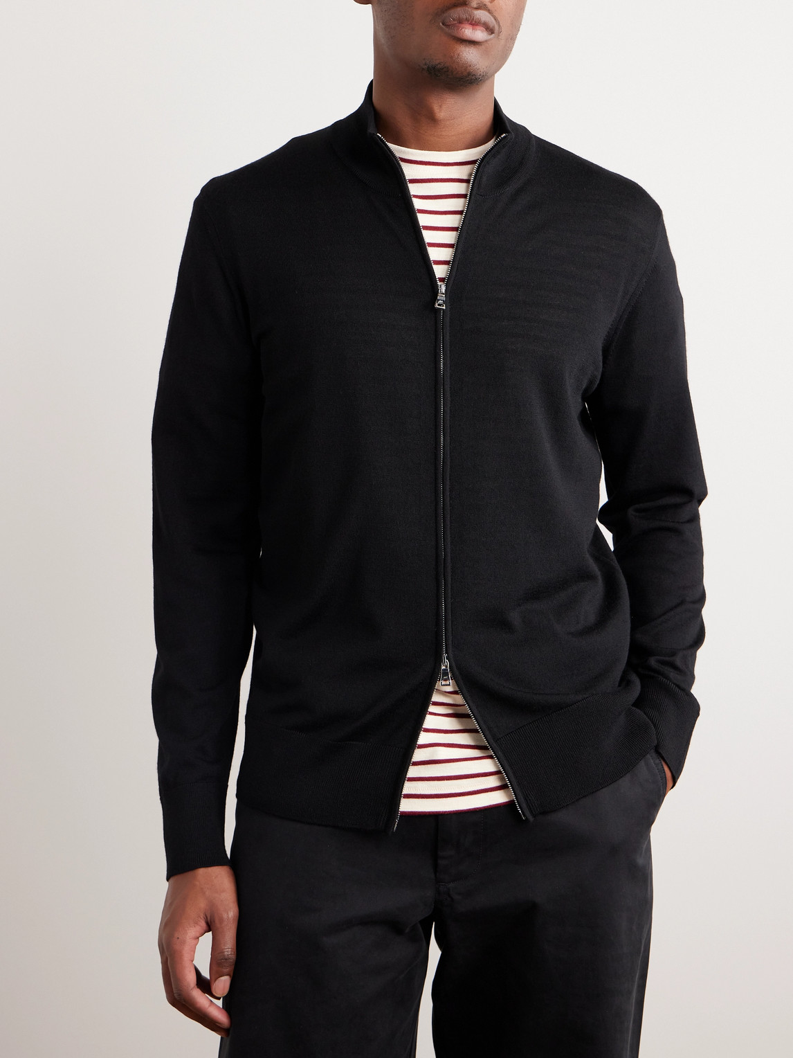 Shop Mr P Richard Merino Wool Zip-up Cardigan In Black