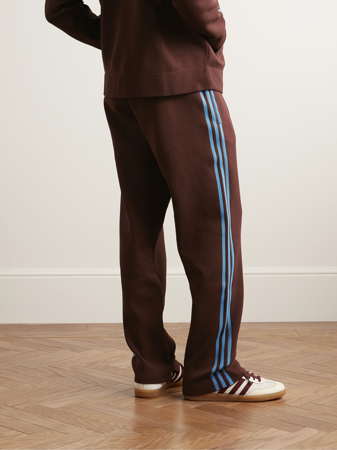 Shop Adidas Originals Wales Bonner Slim-fit Straight-leg Striped Recycled Knitted Sweatpants In Brown