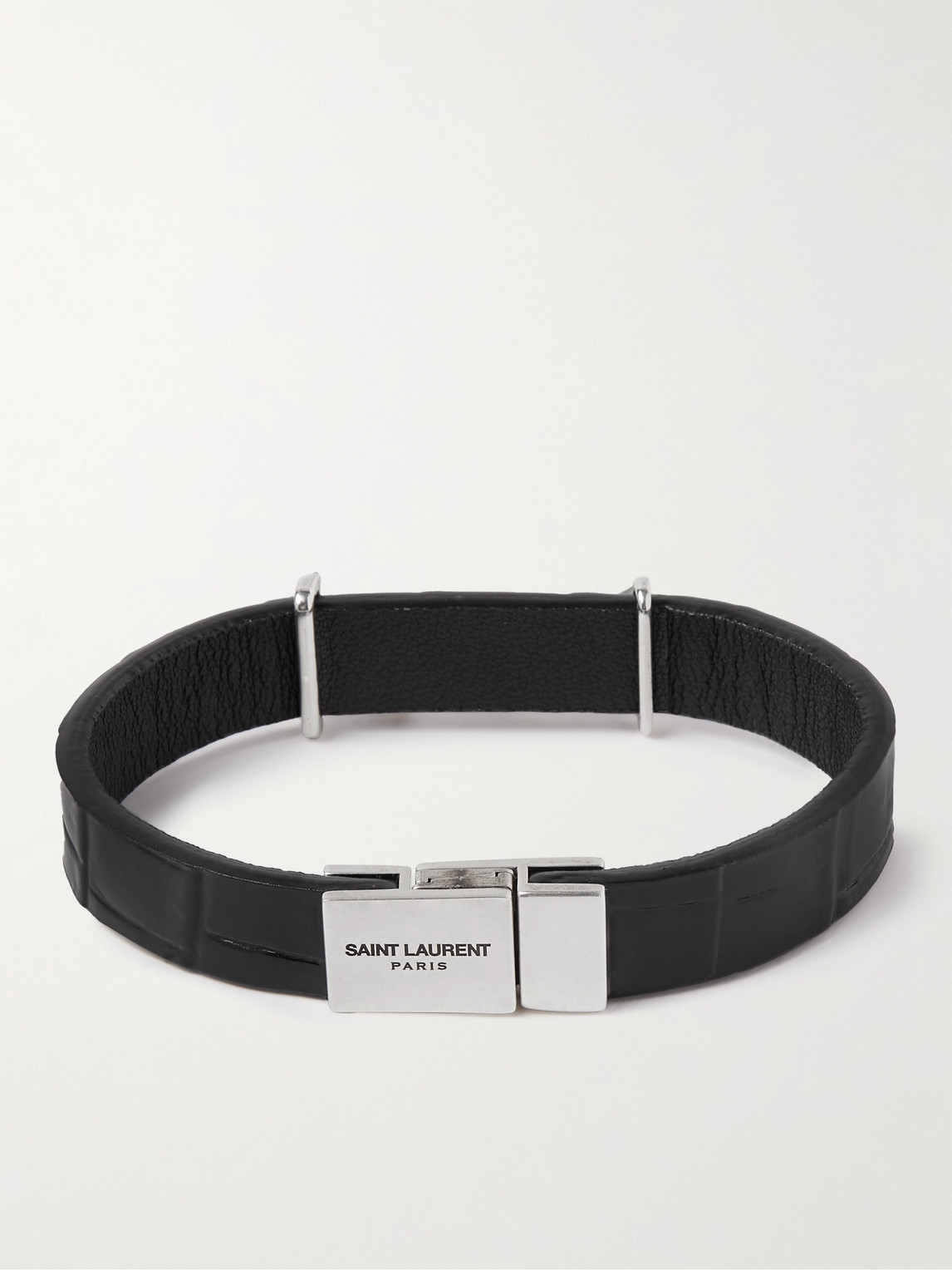 Shop Saint Laurent Cassandre Croc-effect Leather And Silver-tone Bracelet In Black