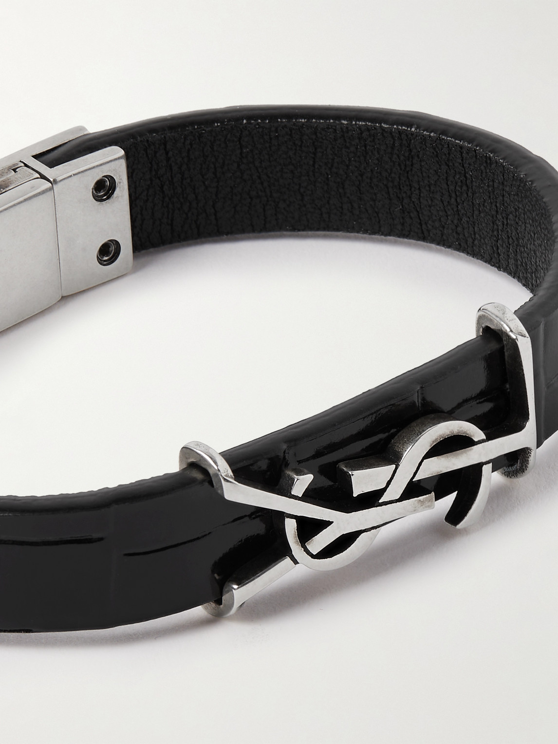 Shop Saint Laurent Cassandre Croc-effect Leather And Silver-tone Bracelet In Black