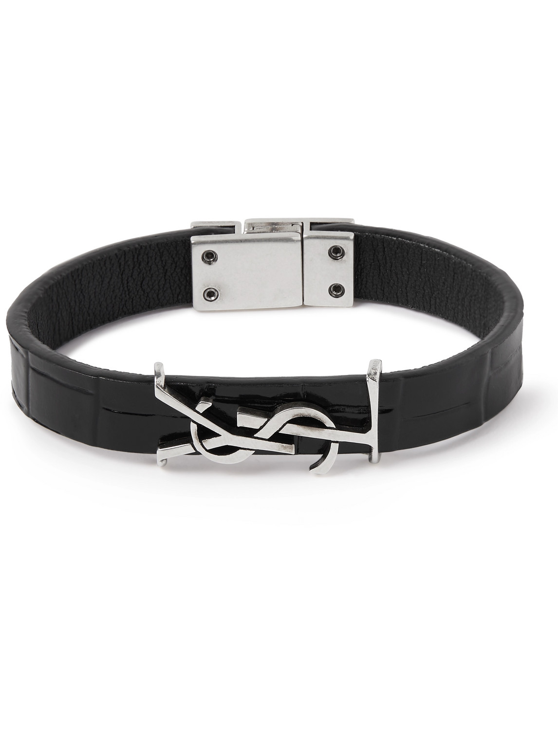 Shop Saint Laurent Cassandre Croc-effect Leather And Silver-tone Bracelet In Black