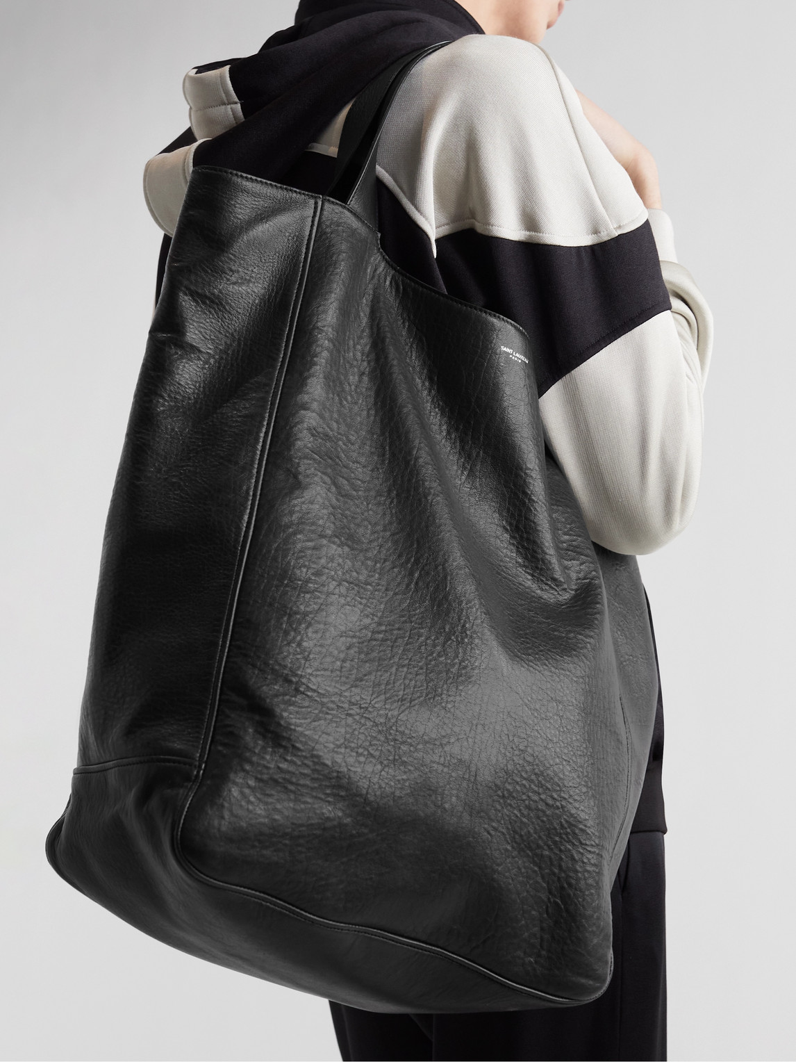 Shop Saint Laurent Logo-print Full-grain Leather Tote Bag In Black