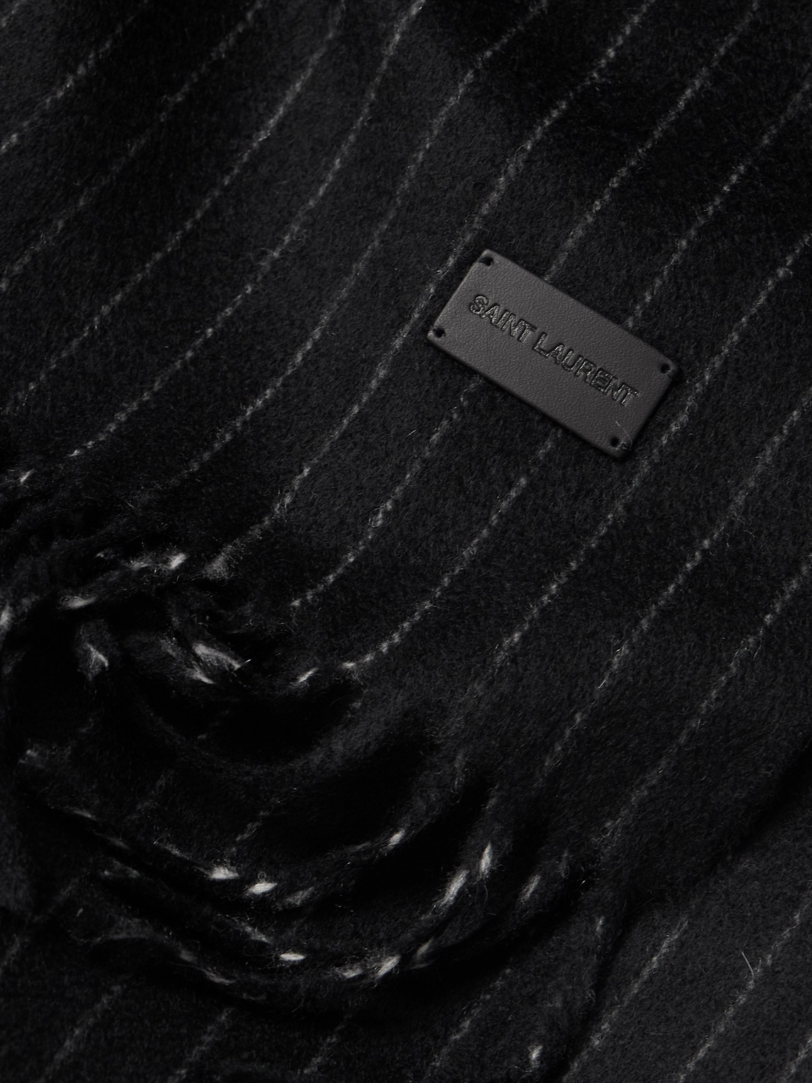 Shop Saint Laurent Fringed Pinstriped Cashmere And Wool-blend Scarf In Black