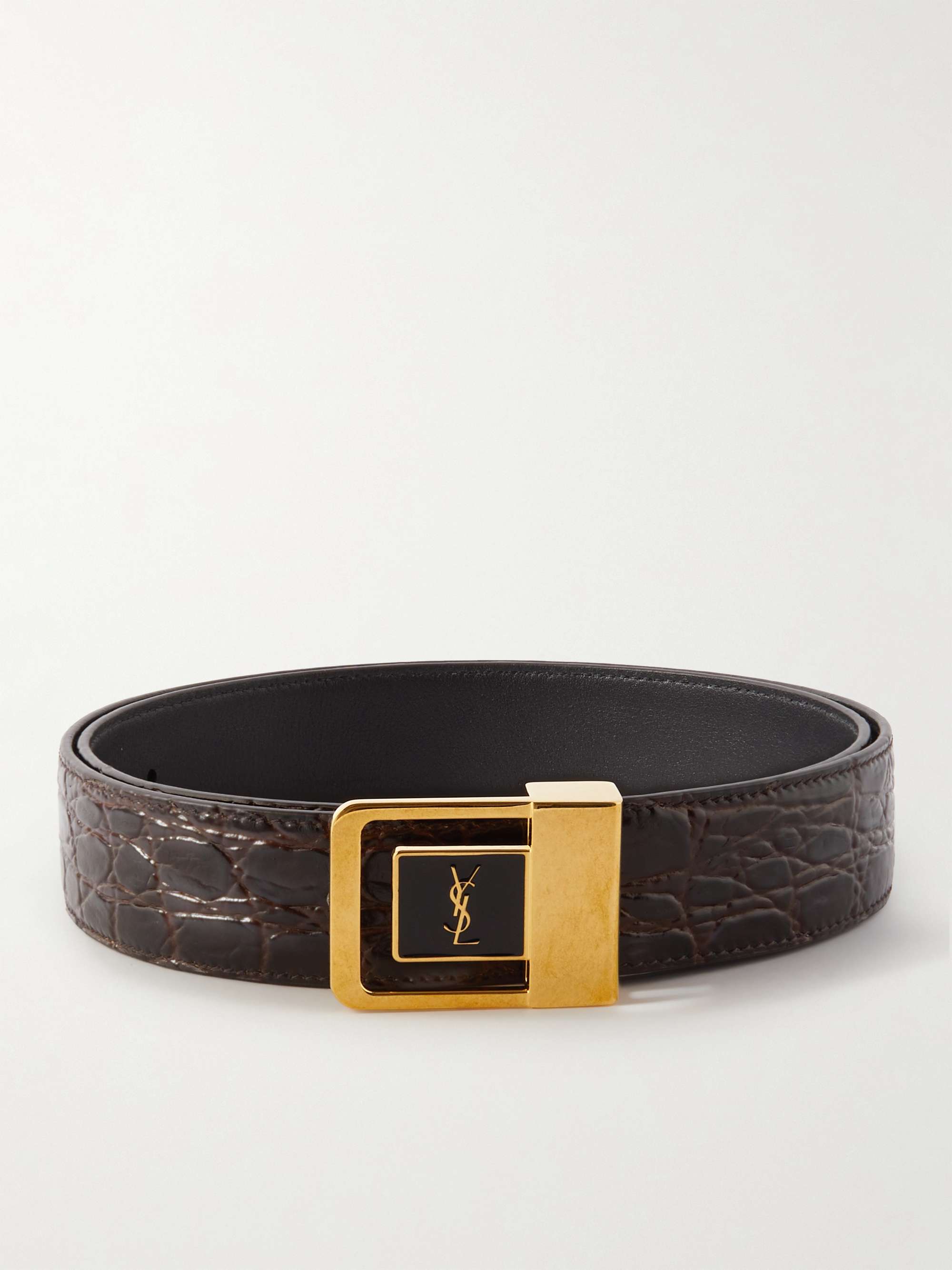 Saint Laurent Men's Logo-Embellished Croc-Effect Leather Belt