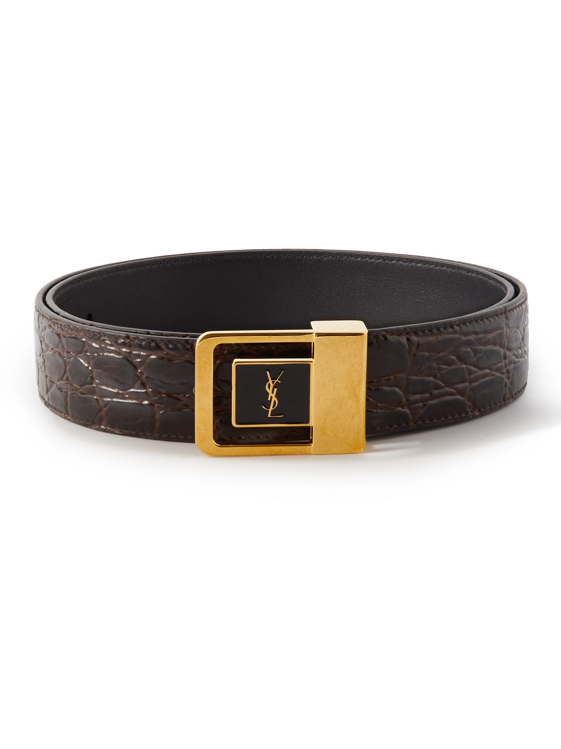 Saint Laurent 3cm Logo-embellished Croc-effect Leather Belt In Brown