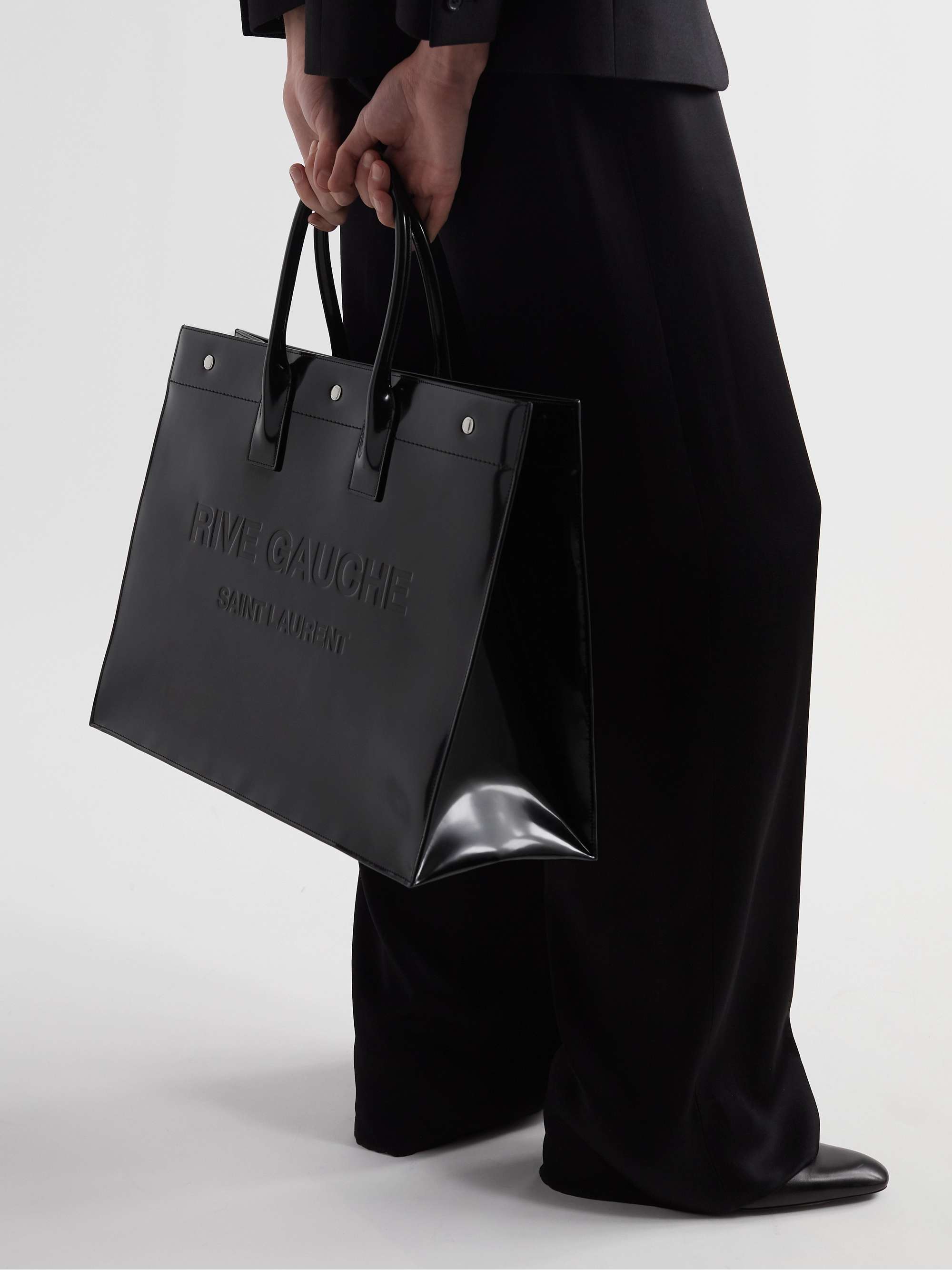 Rive Gauche Logo-Embossed Glossed-Leather Tote Bag