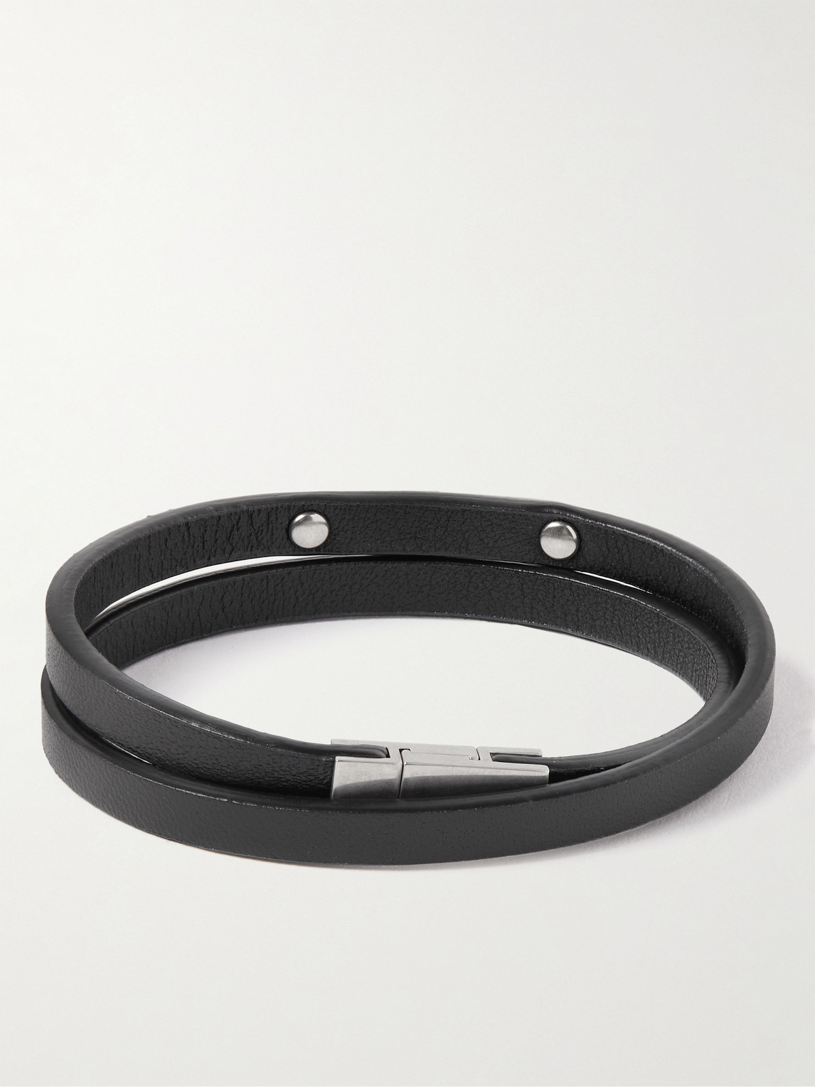Shop Saint Laurent Leather And Silver-tone Wrap Bracelet In Black
