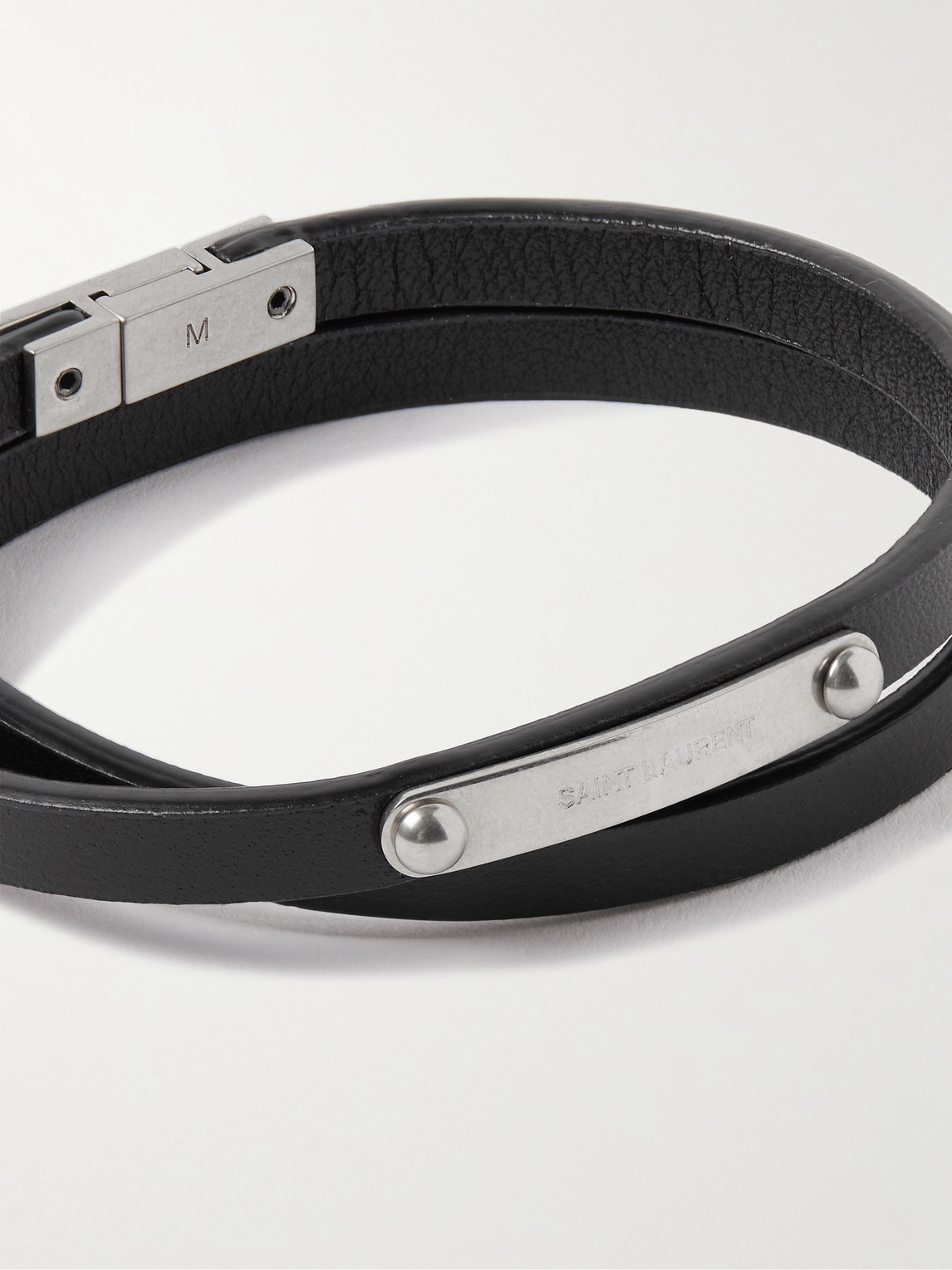 Shop Saint Laurent Leather And Silver-tone Wrap Bracelet In Black