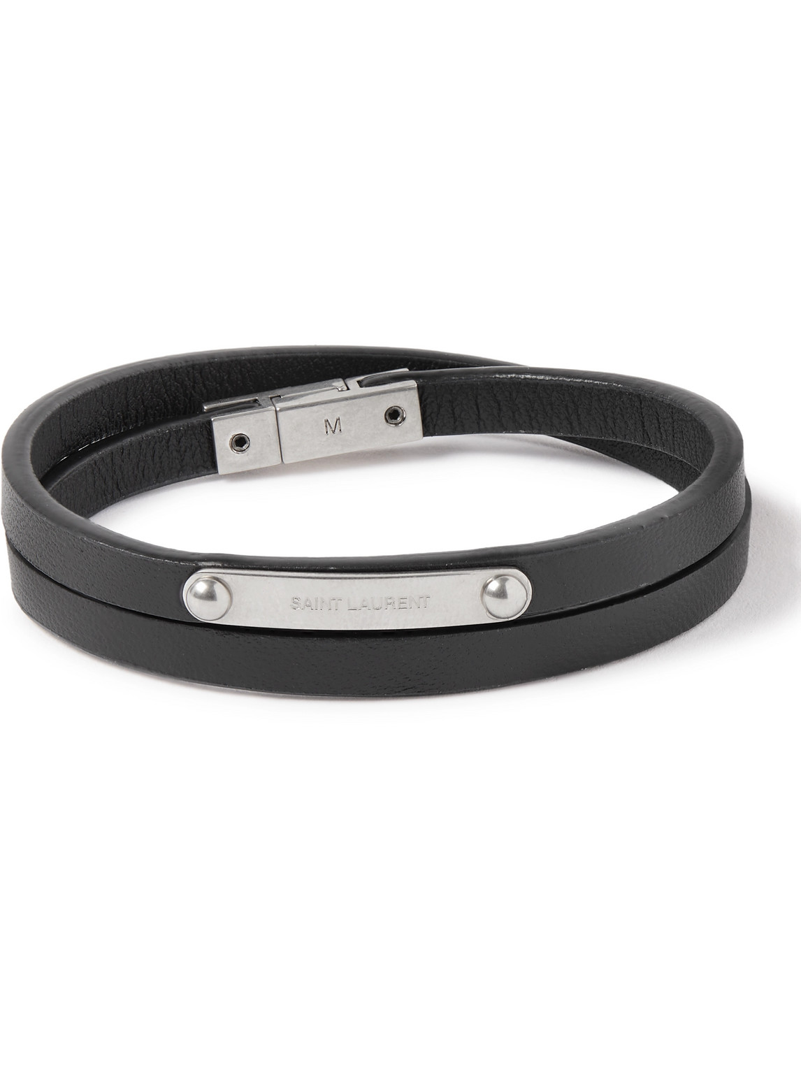 Saint Laurent Leather And Silver-tone Wrap Bracelet In Black