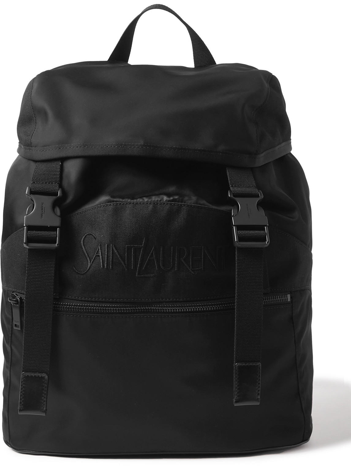 Shop Saint Laurent Logo-embroidered Leather-trimmed Shell Backpack In Black
