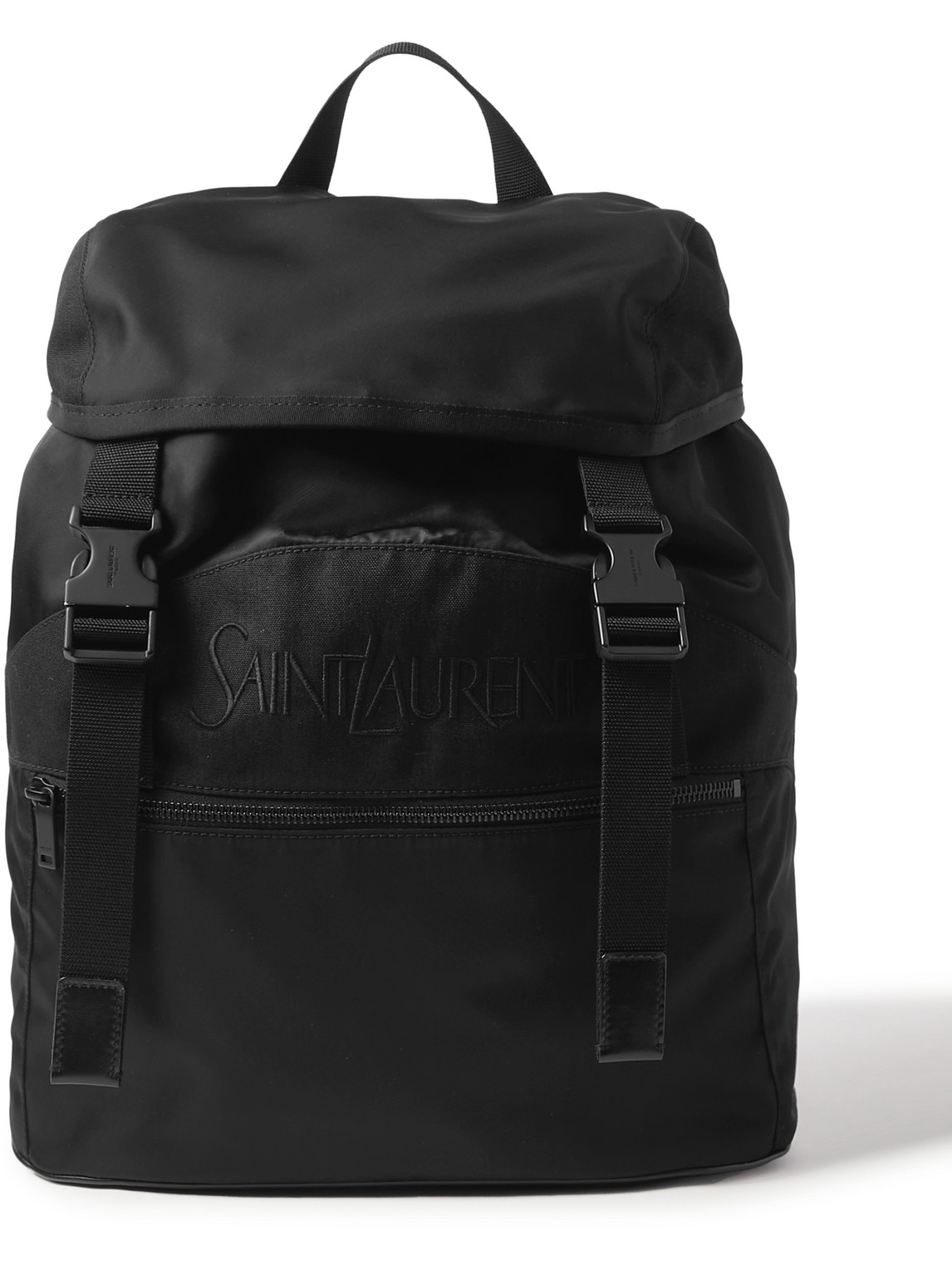 Shop Saint Laurent Logo-embroidered Leather-trimmed Shell Backpack In Black