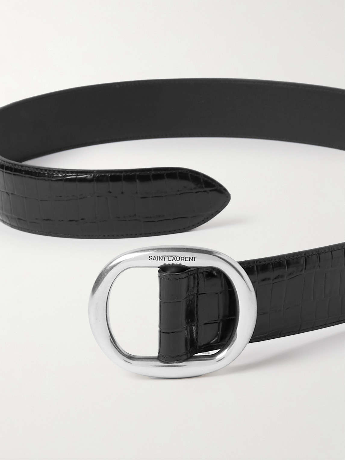 Shop Saint Laurent 4cm Croc-effect Patent-leather Belt In Black