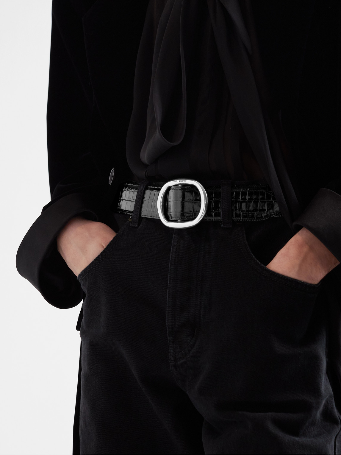 Shop Saint Laurent 4cm Croc-effect Patent-leather Belt In Black