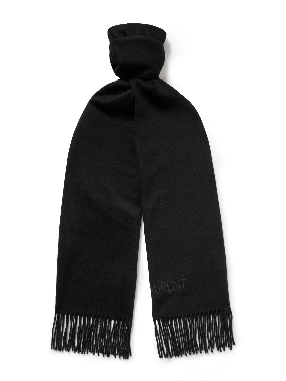 Shop Saint Laurent Logo-embroidered Fringed Cashmere Scarf In Black