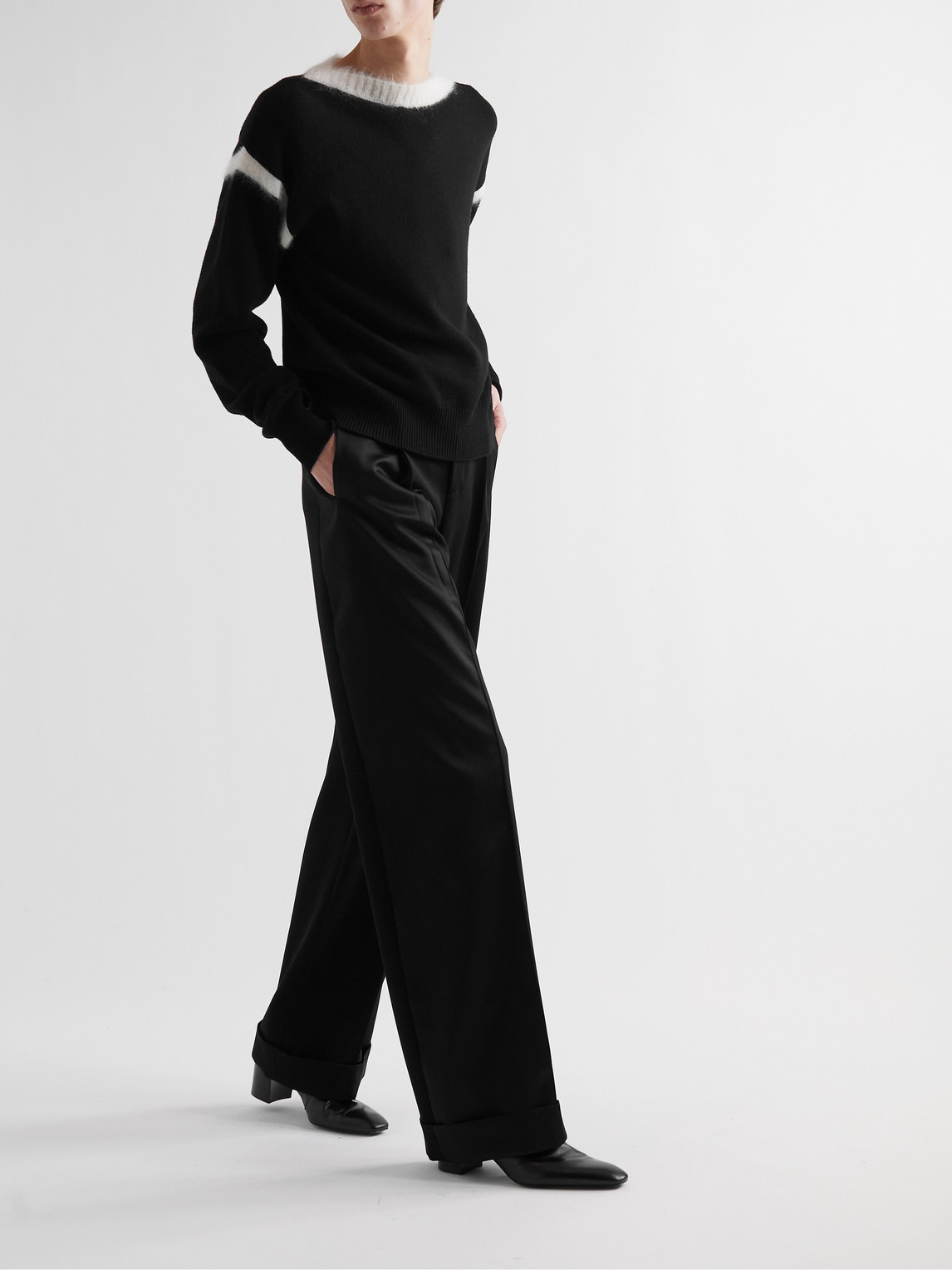 Shop Saint Laurent Wide-leg Pleated Panelled Wool-twill And Satin Tuxedo Trousers In Black