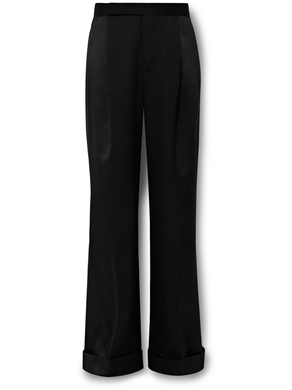 Saint Laurent Wide-leg Pleated Panelled Wool-twill And Satin Tuxedo Trousers In Black