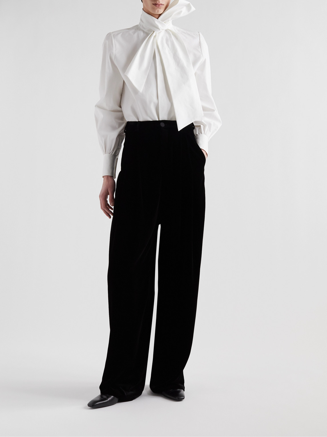 Shop Saint Laurent Wide-leg Velour Trousers In Black