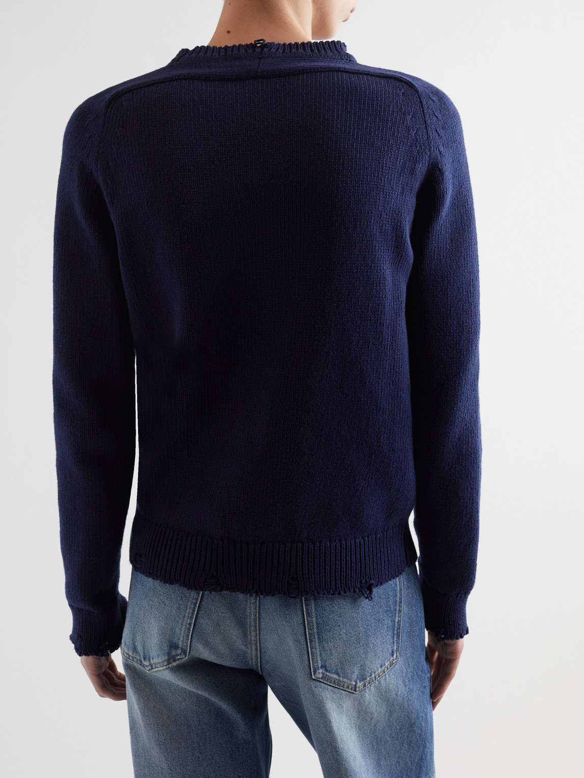 Shop Saint Laurent Distressed Cotton Sweater In Blue