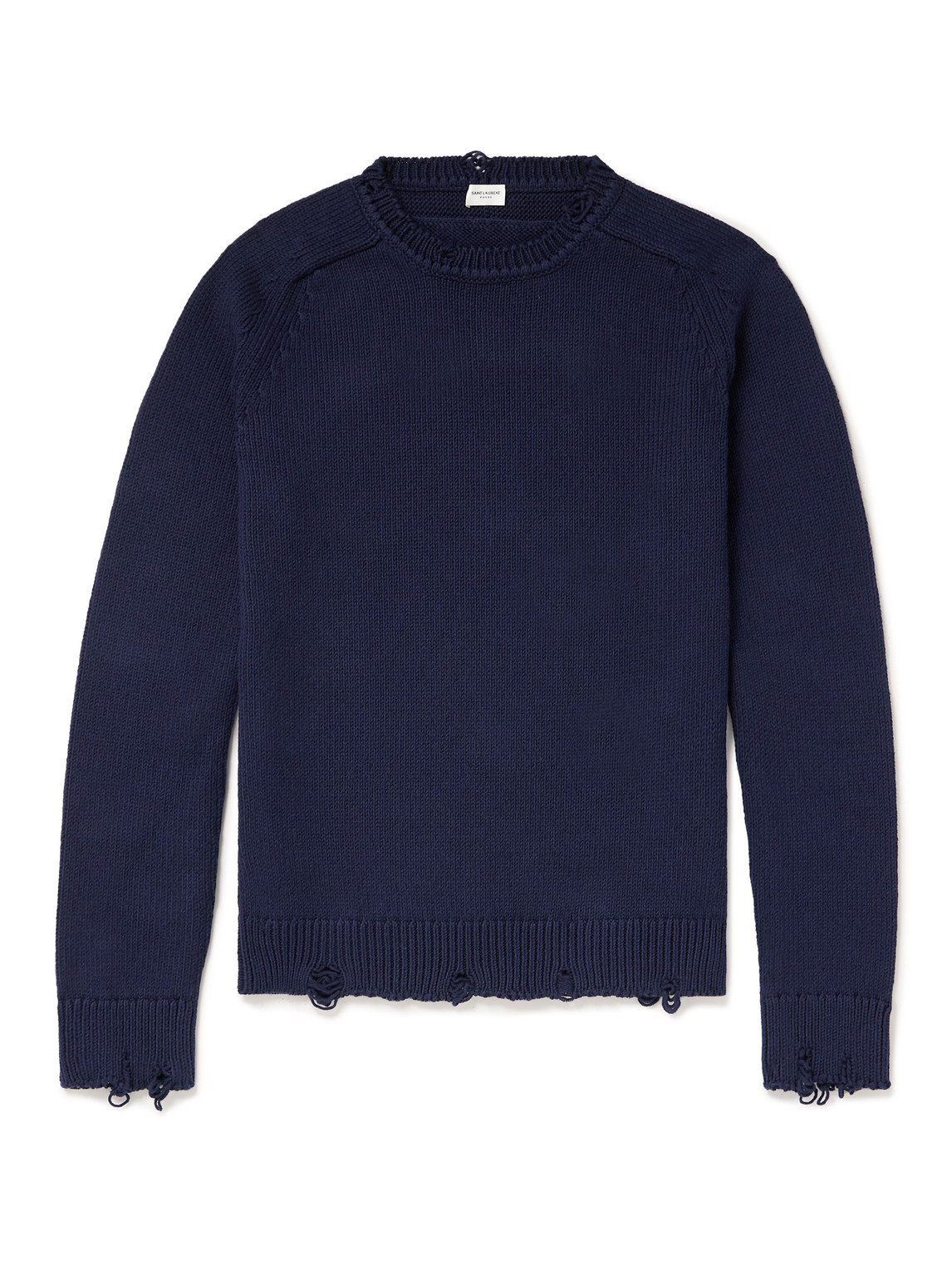 Saint Laurent Distressed Cotton-knit Sweater In Blue