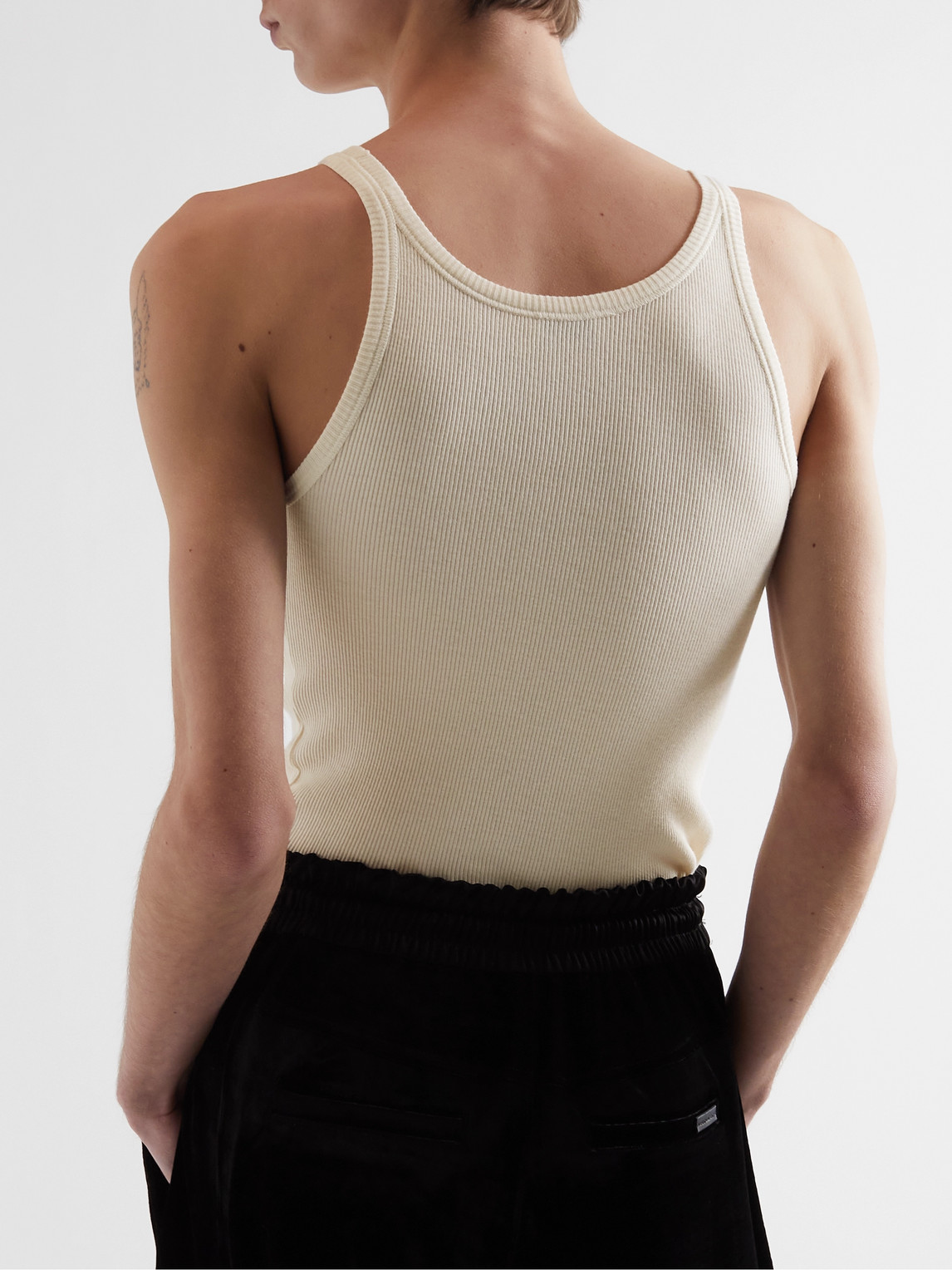 Shop Saint Laurent Slim-fit Logo-embroidered Ribbed Cotton-jersey Tank Top In Neutrals
