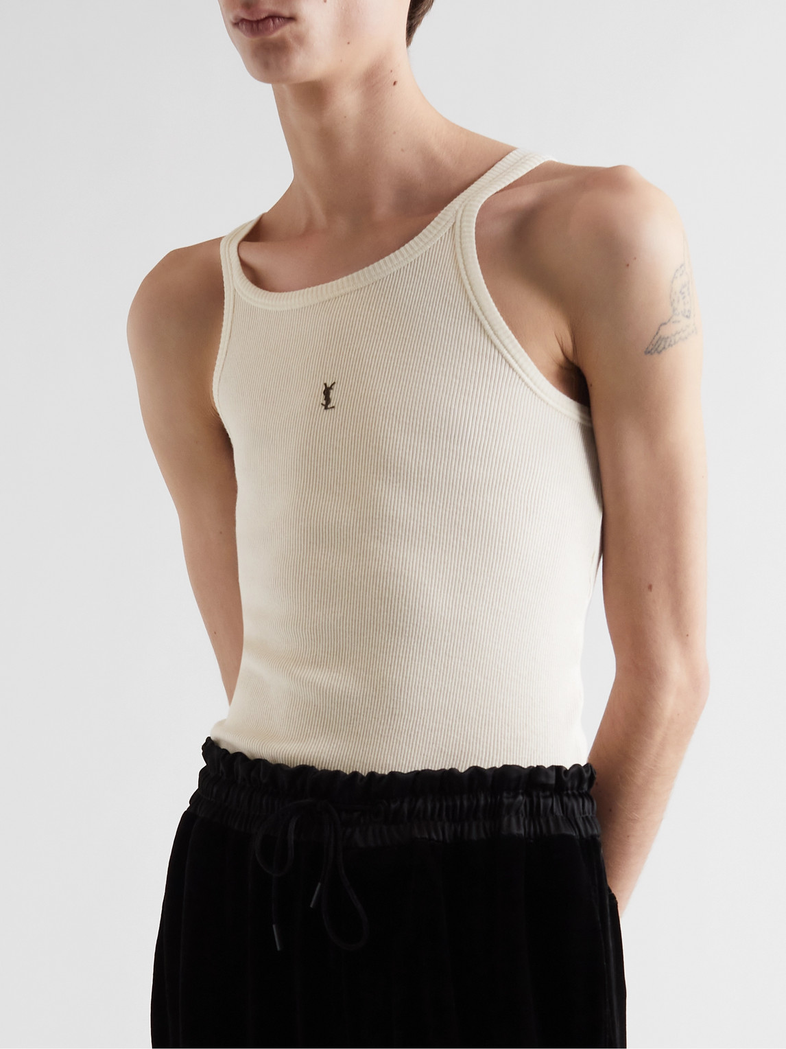 Shop Saint Laurent Slim-fit Logo-embroidered Ribbed Cotton-jersey Tank Top In Neutrals