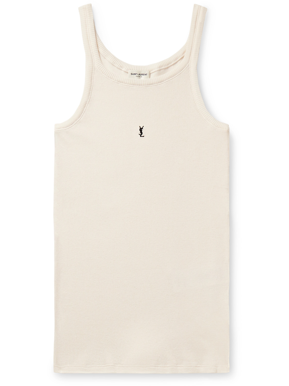 Shop Saint Laurent Slim-fit Logo-embroidered Ribbed Cotton-jersey Tank Top In Neutrals