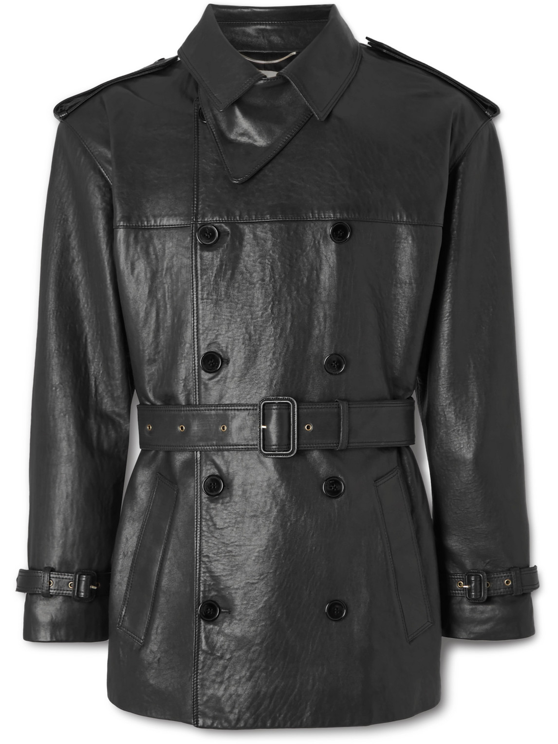 Saint Laurent Double-breasted Leather Trench Coat In Black