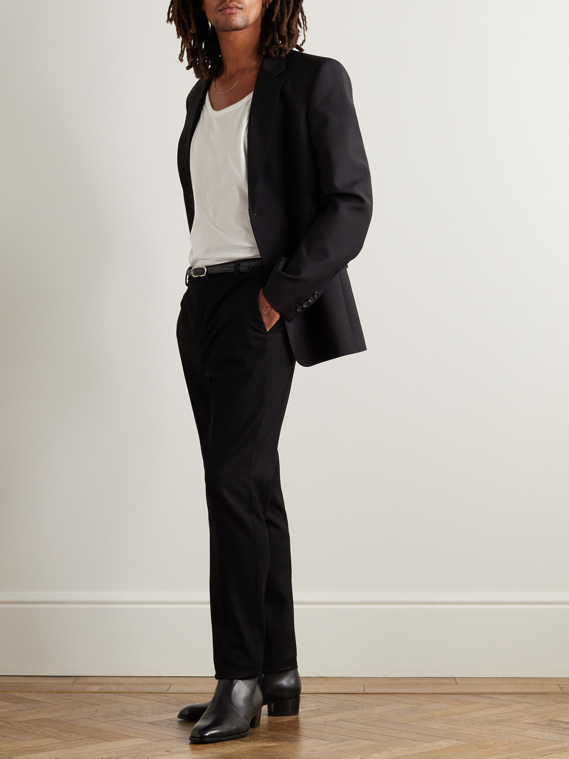 Shop Saint Laurent Slim-fit Wool-flannel Trousers In Black