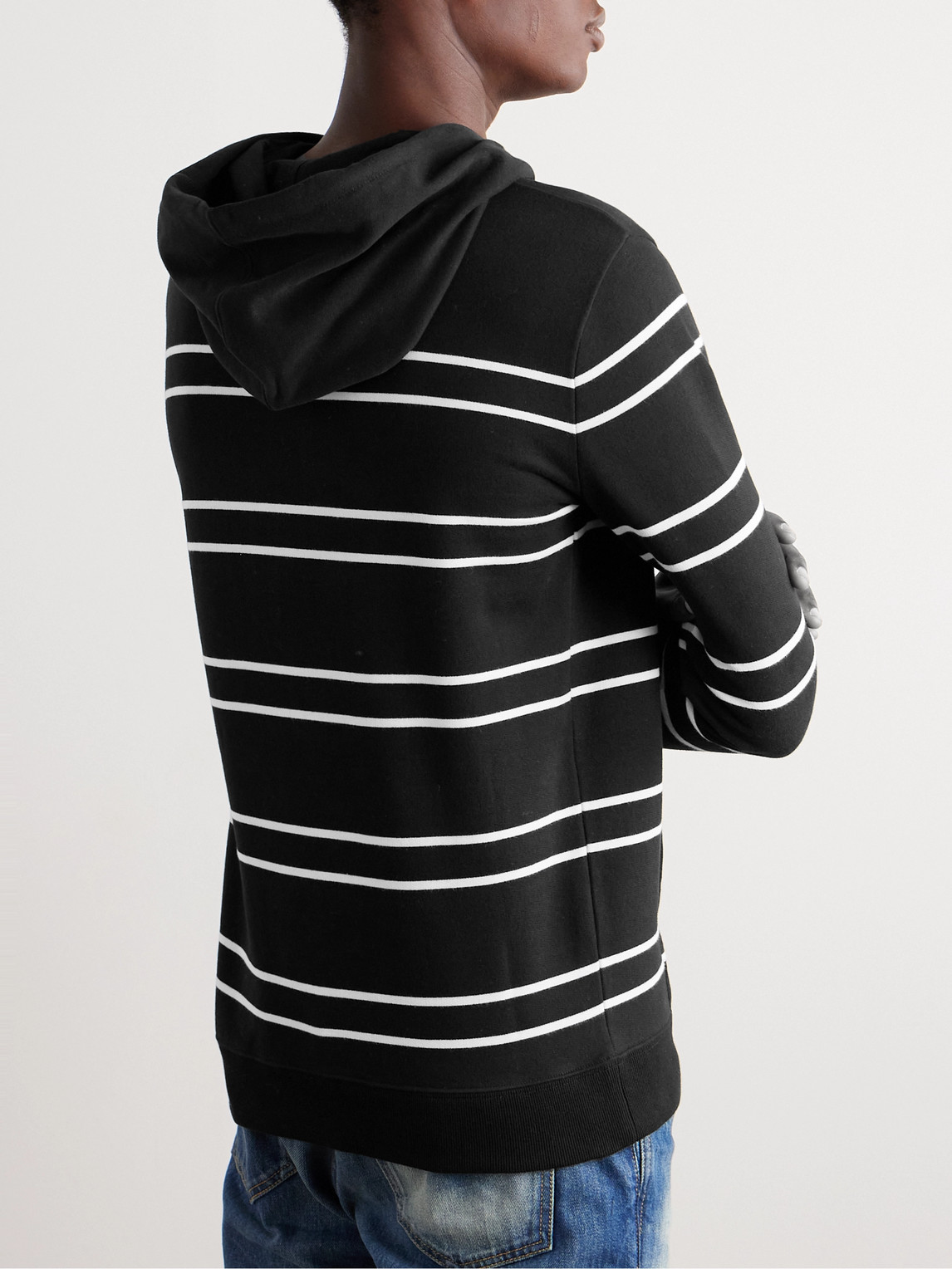 Shop Saint Laurent Slim-fit Logo-embroidered Striped Cotton-jersey Hoodie In Black