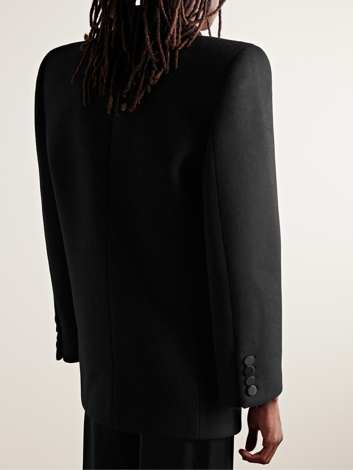 Shop Saint Laurent Double-breasted Satin-trimmed Wool Coat In Black