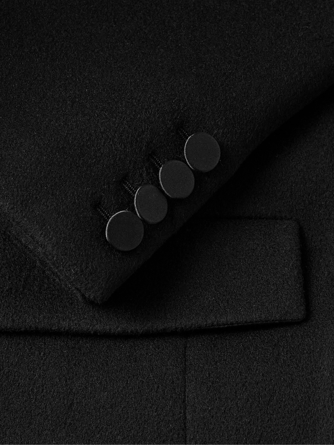 Shop Saint Laurent Double-breasted Satin-trimmed Wool Coat In Black