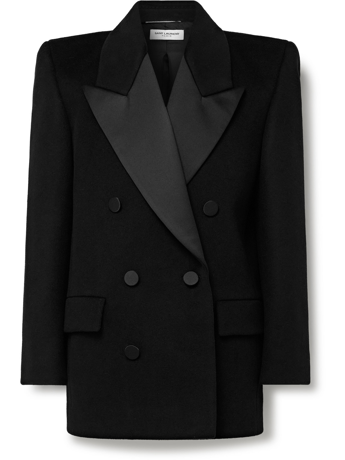 Saint Laurent Double-breasted Satin-trimmed Wool Coat In Black