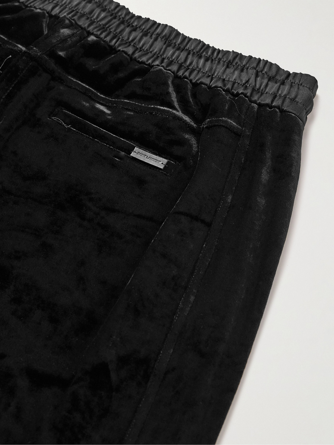 Shop Saint Laurent Wide-leg Satin-trimmed Stretch-velvet Drawstring Trousers In Black