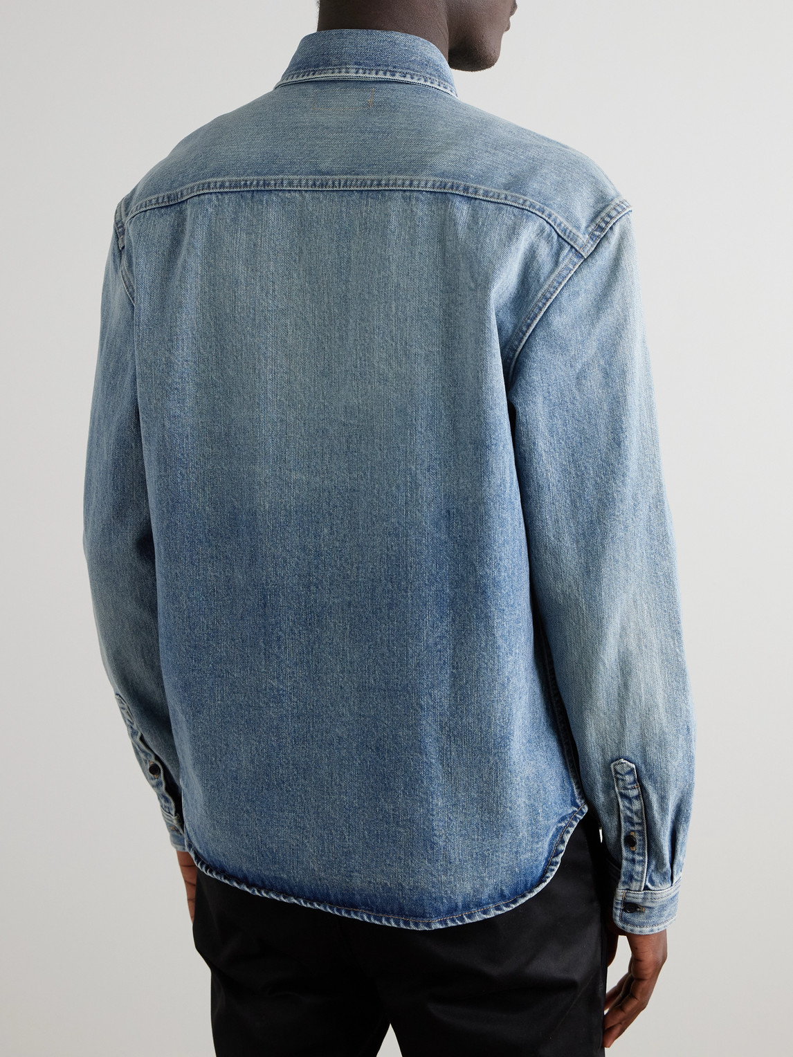 Shop Saint Laurent Logo-embroidered Denim Shirt In Blue