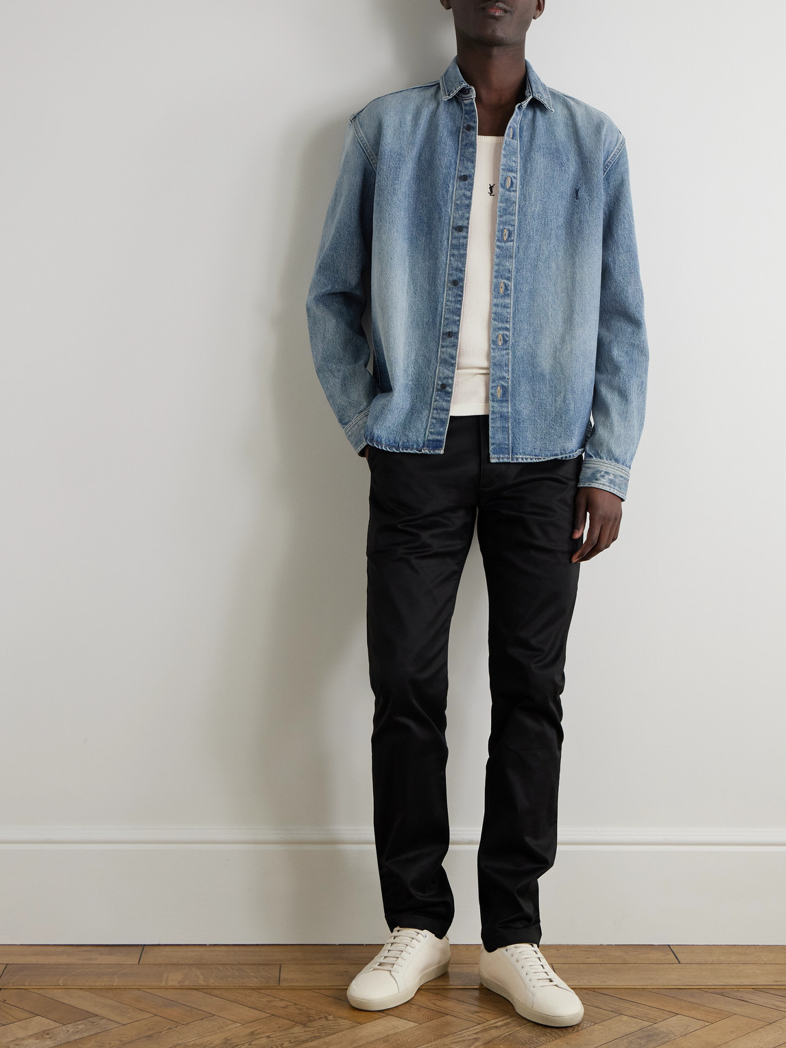 Shop Saint Laurent Logo-embroidered Denim Shirt In Blue