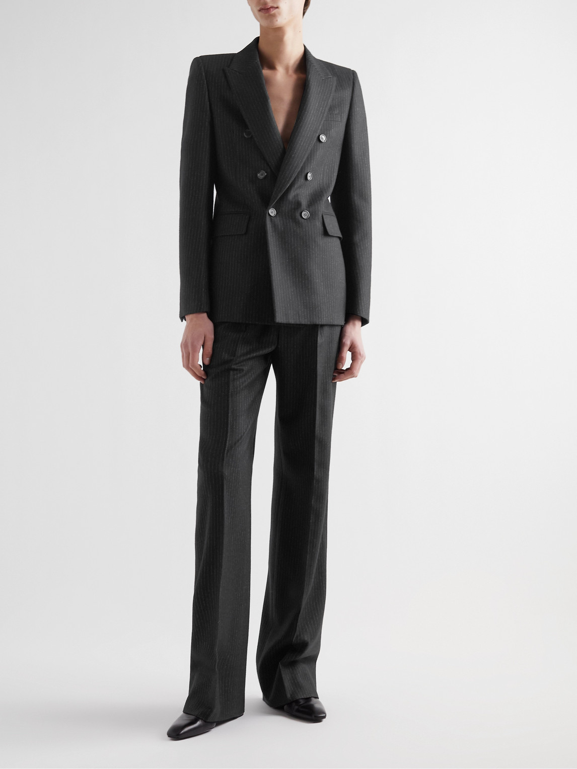 Shop Saint Laurent Double-breasted Pinstriped Wool And Cotton-blend Flannel Blazer In Black