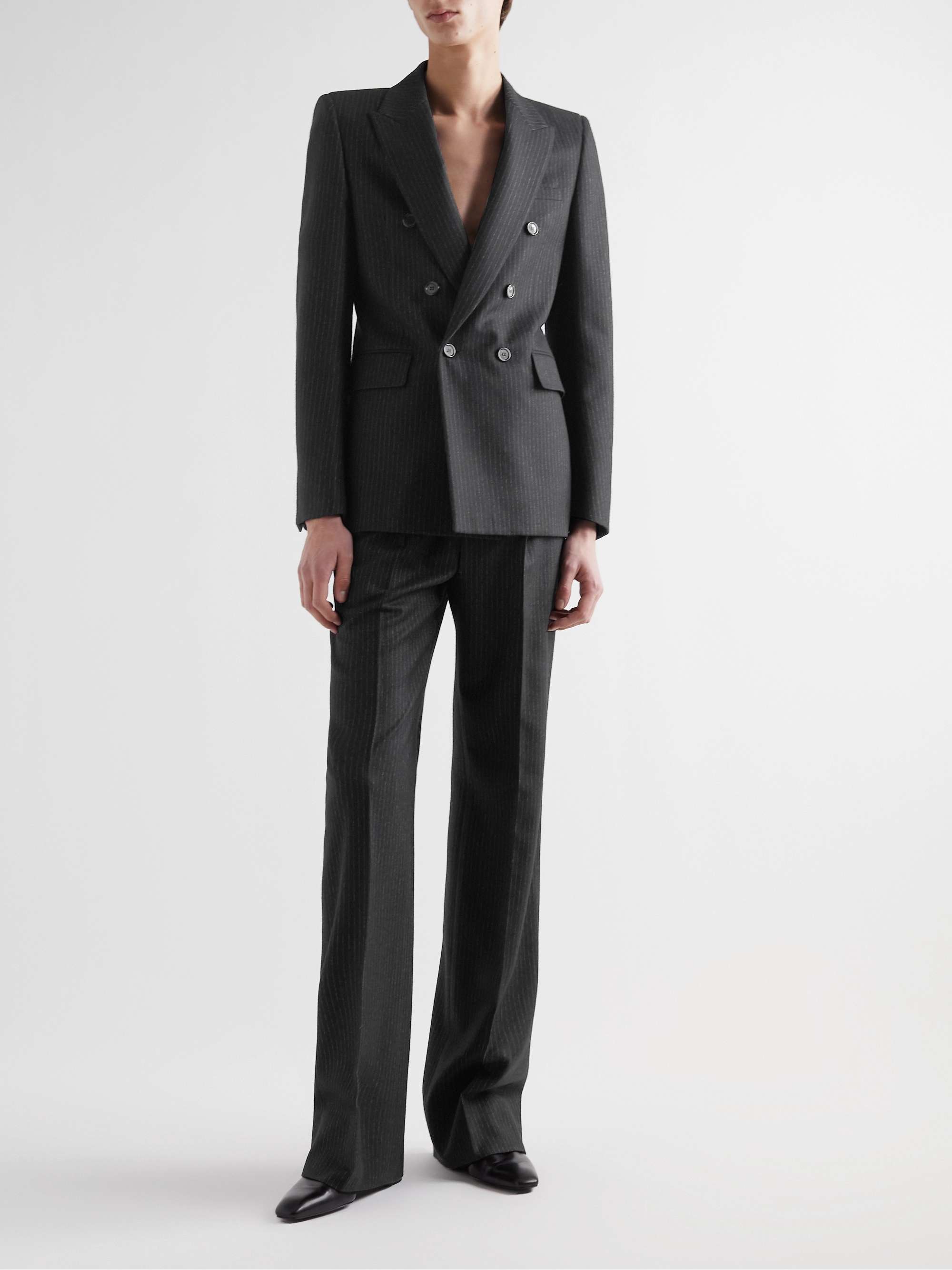 SAINT LAURENT Double-Breasted Pinstriped Wool and Cotton-Blend Flannel ...