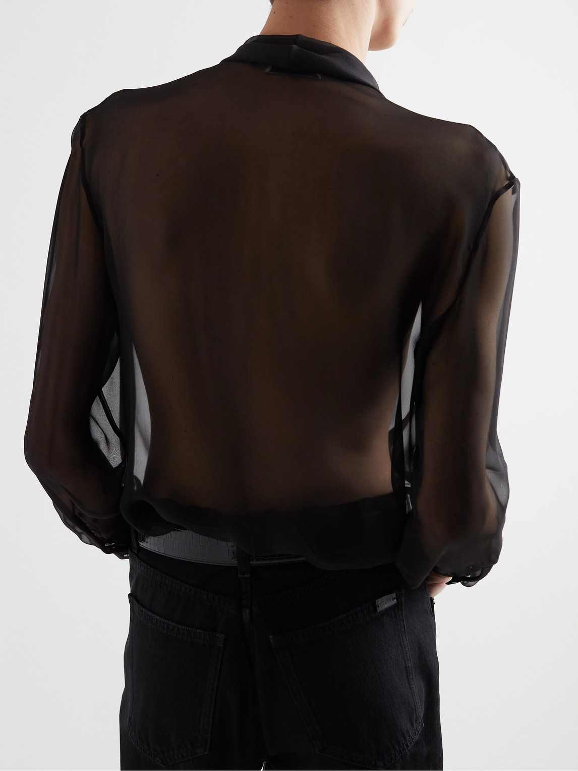 Shop Saint Laurent Tie-neck Pintucked Silk-voile Shirt In Black