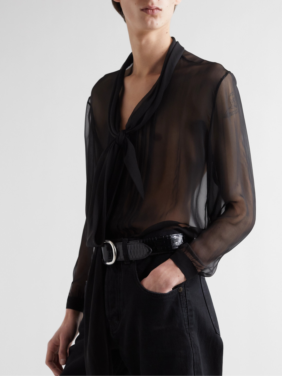 Shop Saint Laurent Tie-neck Pintucked Silk-voile Shirt In Black